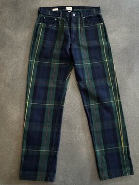 Mens like new J.Crew green and blue plaid straight leg jeans